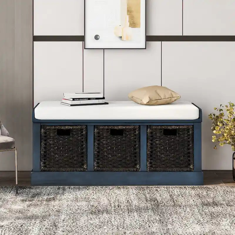 Rustic Storage Bench with Removable Rattan Baskets and Cushion White