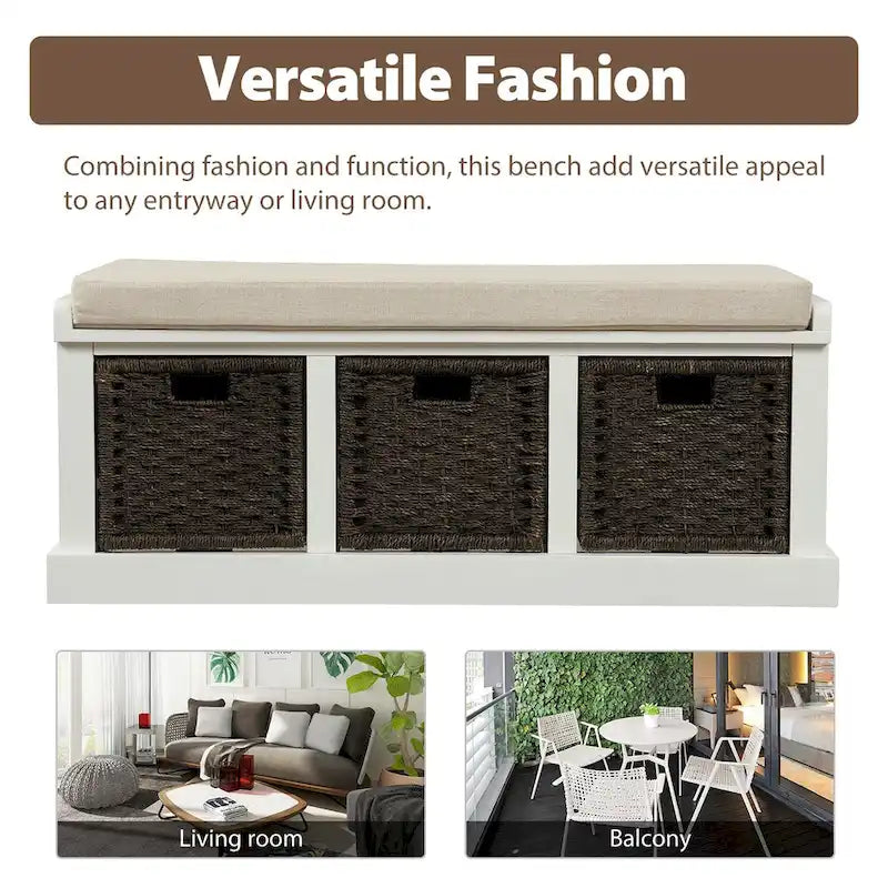 Rustic Storage Bench with Removable Rattan Baskets and Cushion White