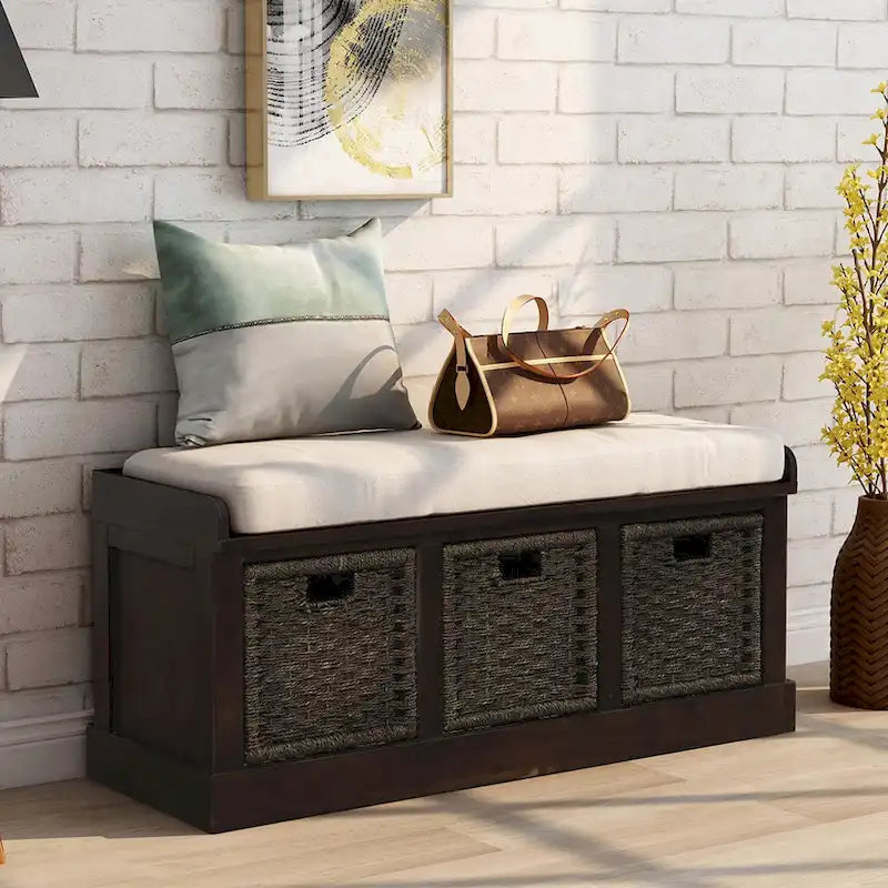 Rustic Storage Bench with Removable Rattan Baskets and Cushion White