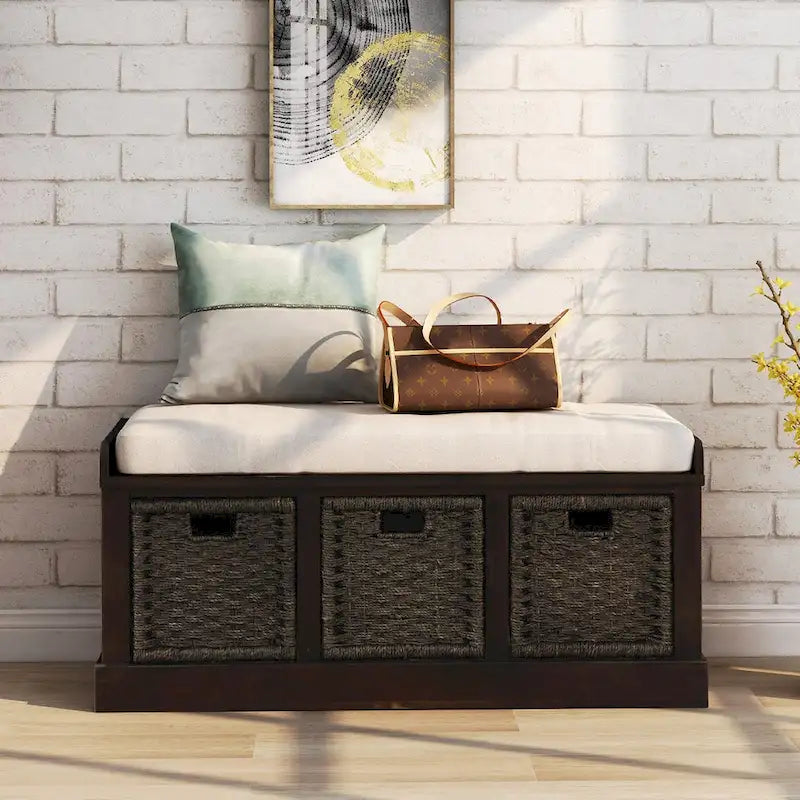 Rustic Storage Bench with Removable Rattan Baskets and Cushion White