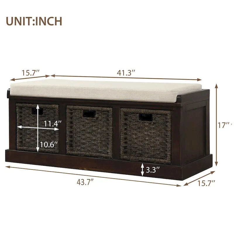 Rustic Storage Bench with Removable Rattan Baskets and Cushion White