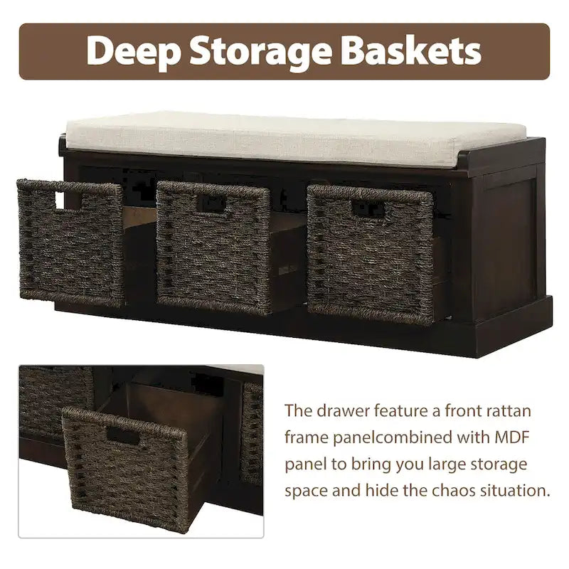 Rustic Storage Bench with Removable Rattan Baskets and Cushion White