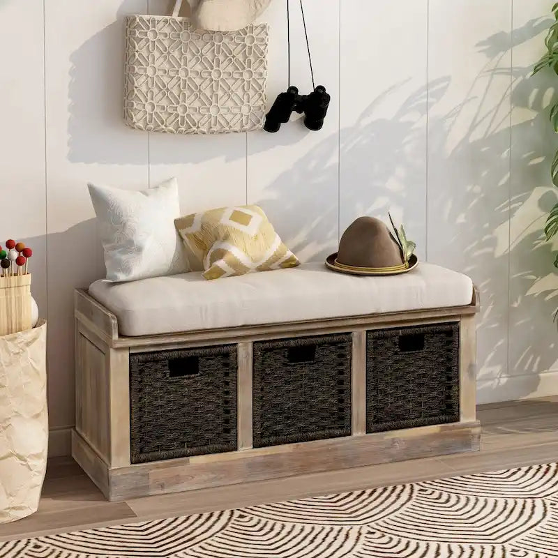 Rustic Storage Bench with Removable Rattan Baskets and Cushion White