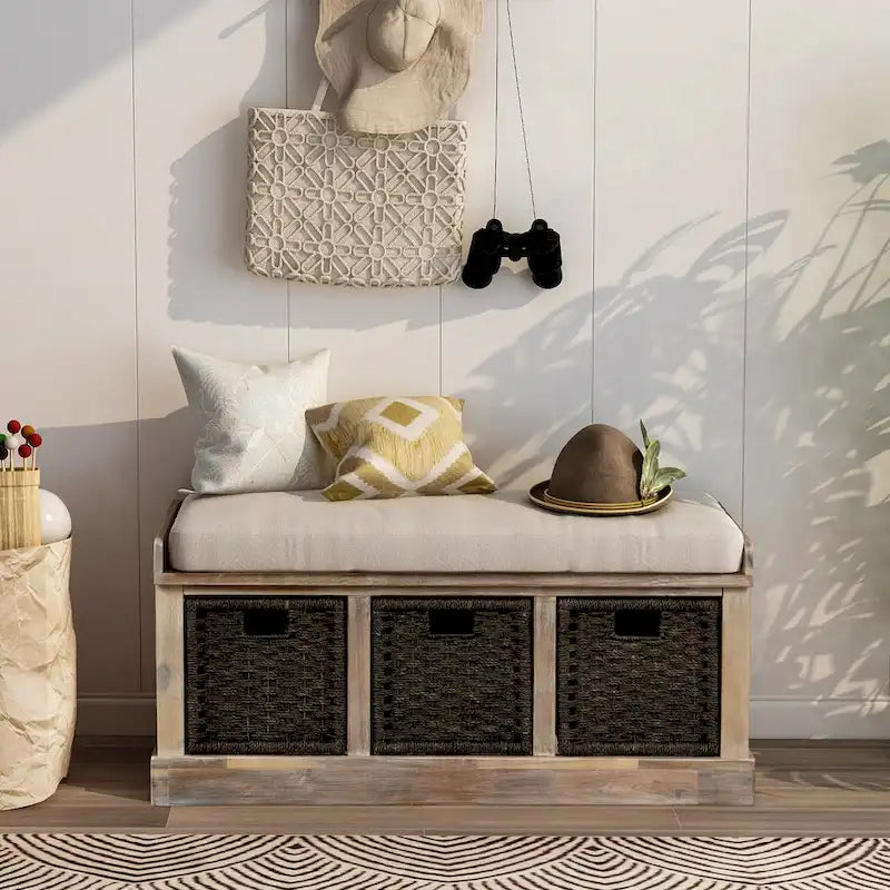 Rustic Storage Bench with Removable Rattan Baskets and Cushion White