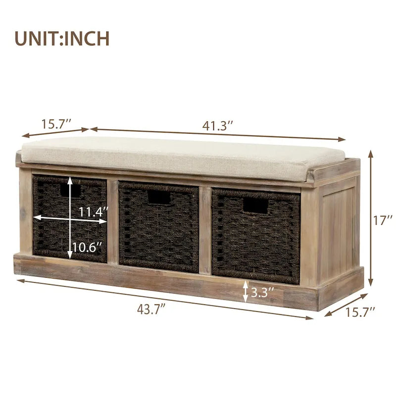 Rustic Storage Bench with Removable Rattan Baskets and Cushion White
