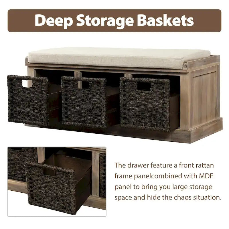 Rustic Storage Bench with Removable Rattan Baskets and Cushion White