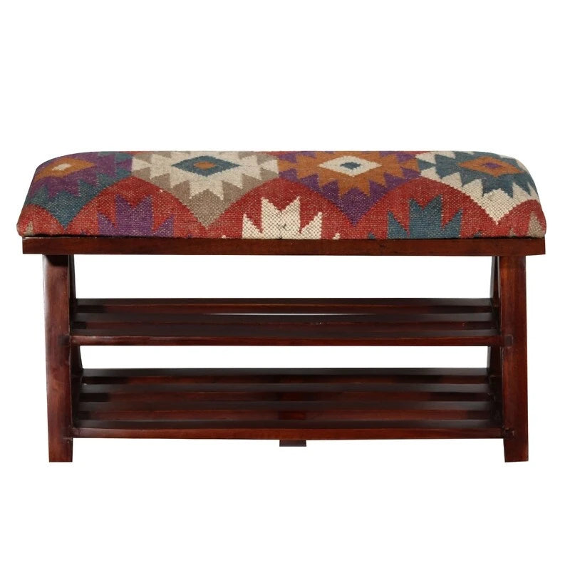 Handmade Kilim Upholstered Wooden Bench with Storage Shelf Multicolor Off White
