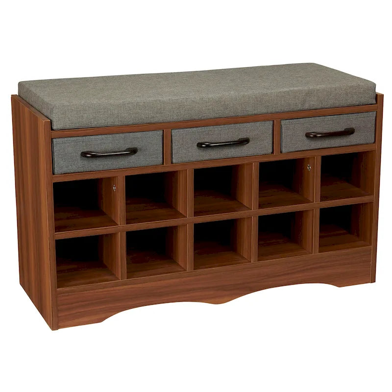 Cushioned Entryway Shoe Storage Bench with Drawers and Cubbies, Brown