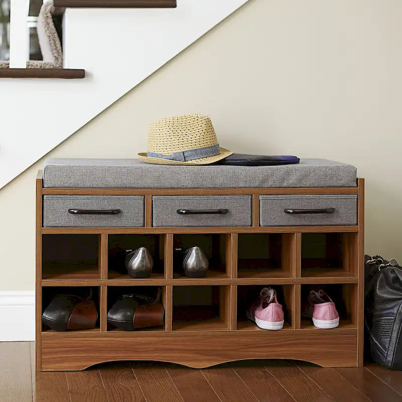 Cushioned Entryway Shoe Storage Bench with Drawers and Cubbies, Brown