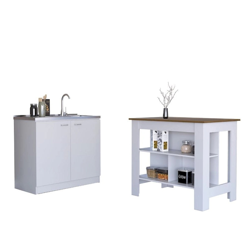 White Kitchen Island with Open Shelves and Walnut Wood Top