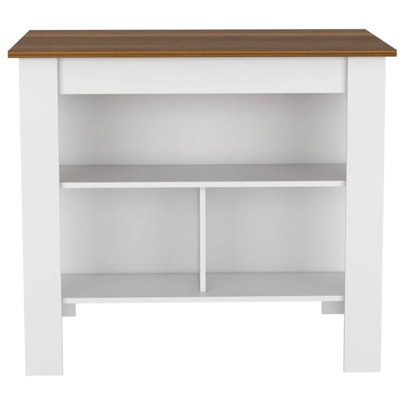 White Kitchen Island with Open Shelves and Walnut Wood Top