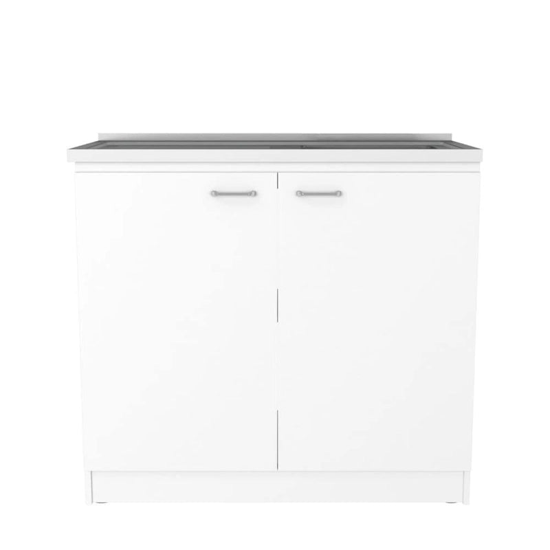 White Kitchen Island with Open Shelves and Walnut Wood Top