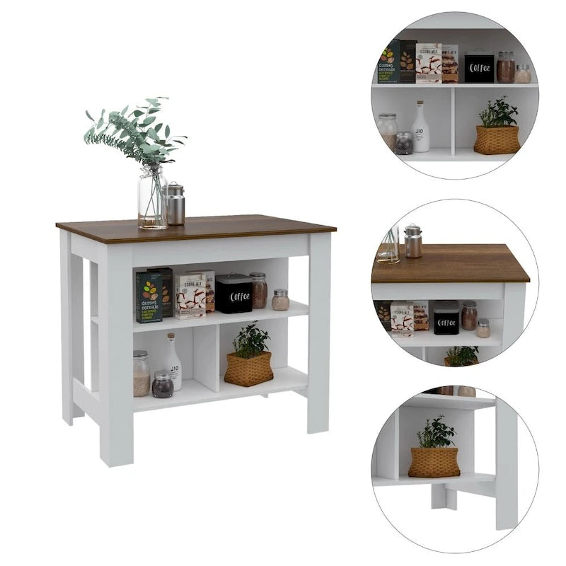 White Kitchen Island with Open Shelves and Walnut Wood Top