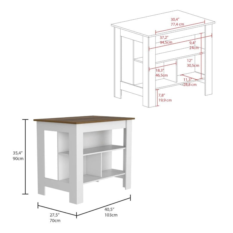 White Kitchen Island with Open Shelves and Walnut Wood Top