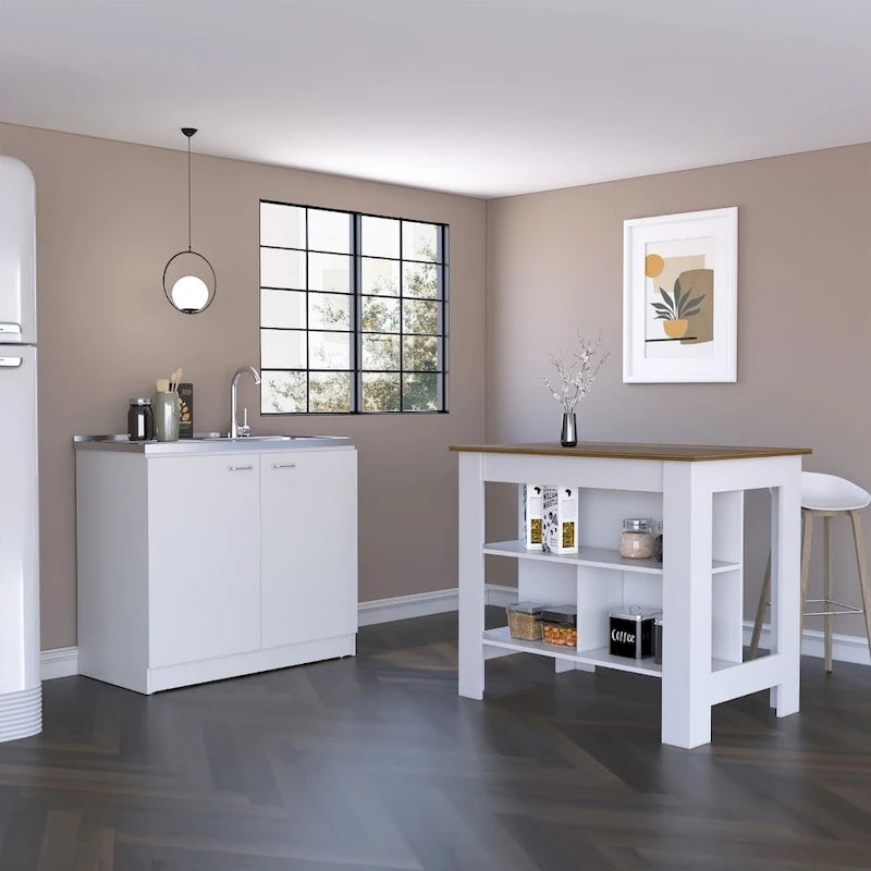 White Kitchen Island with Open Shelves and Walnut Wood Top