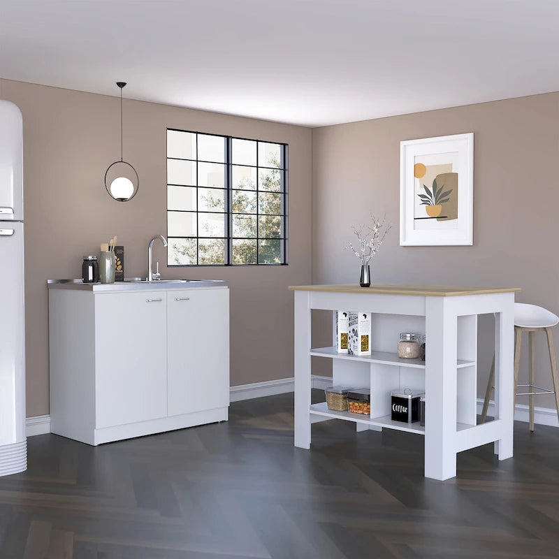 White Kitchen Island with Open Shelves and Walnut Wood Top