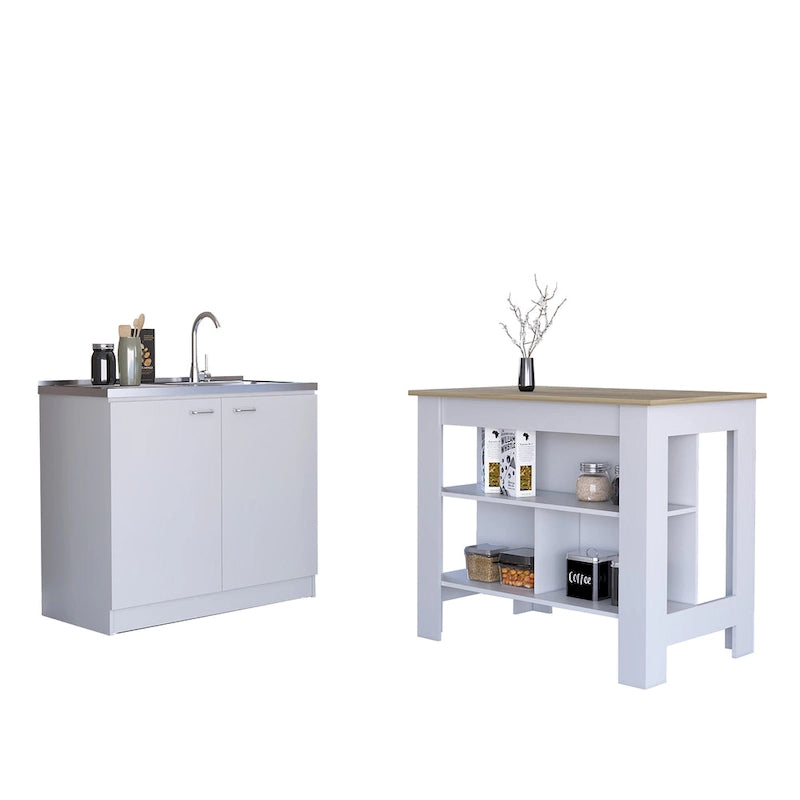 White Kitchen Island with Open Shelves and Walnut Wood Top