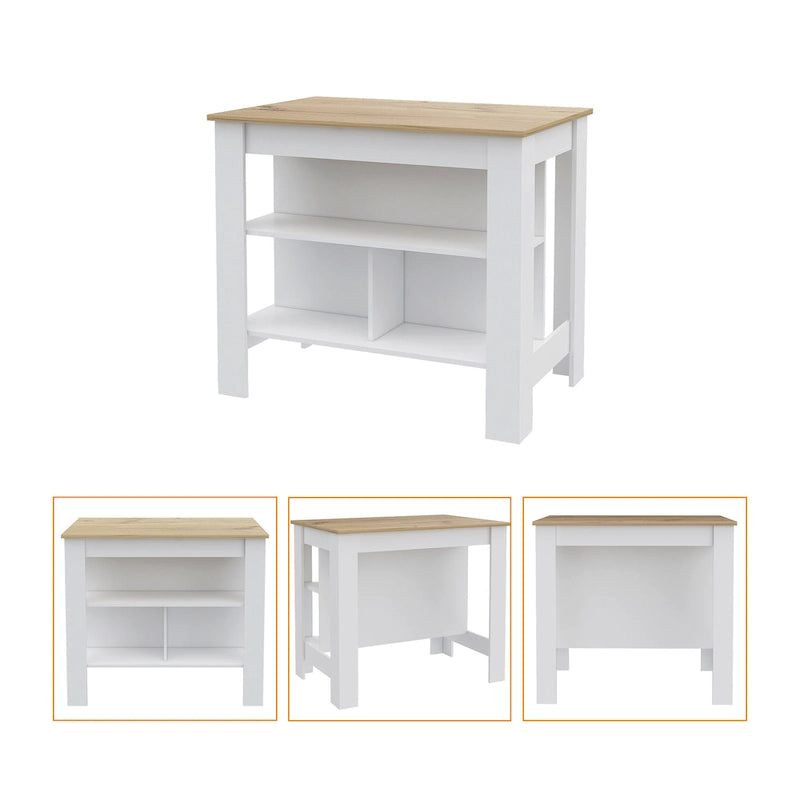 White Kitchen Island with Open Shelves and Walnut Wood Top
