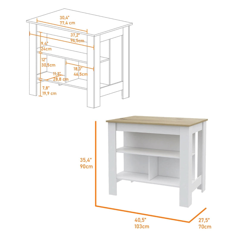 White Kitchen Island with Open Shelves and Walnut Wood Top