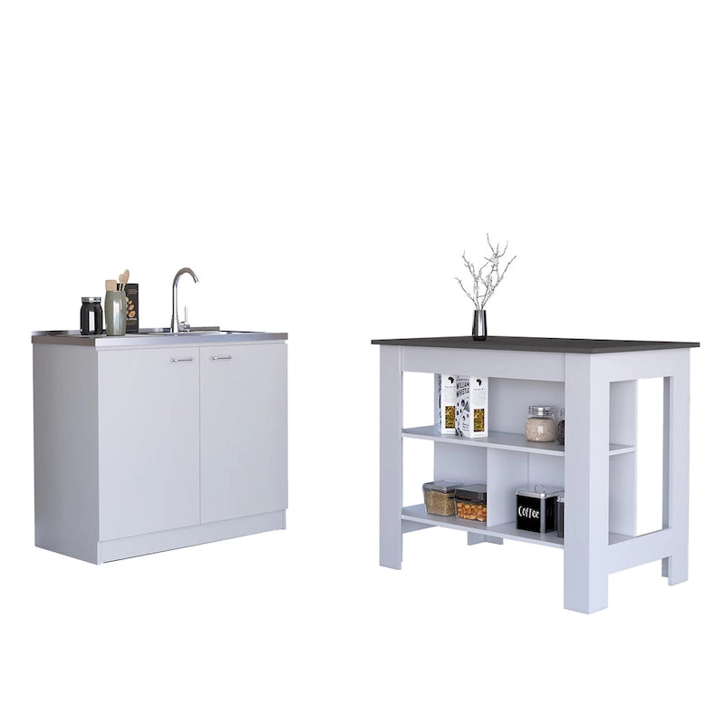 White Kitchen Island with Open Shelves and Walnut Wood Top