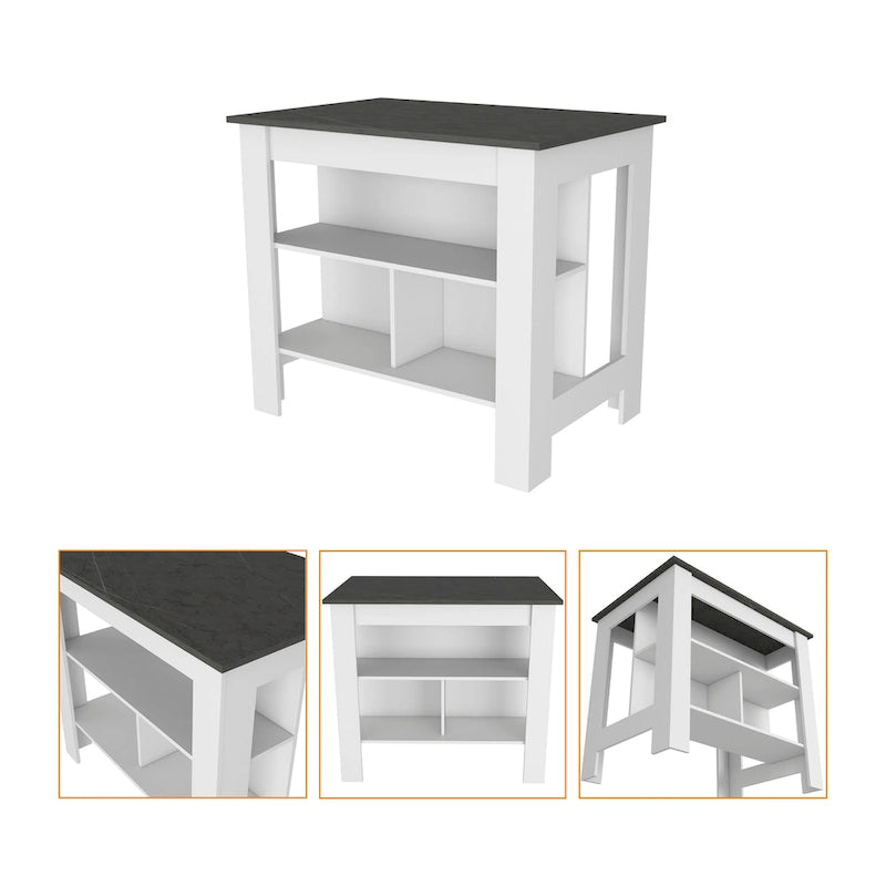 White Kitchen Island with Open Shelves and Walnut Wood Top