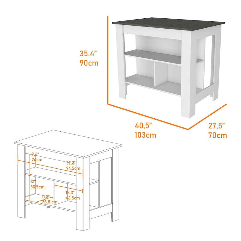 White Kitchen Island with Open Shelves and Walnut Wood Top