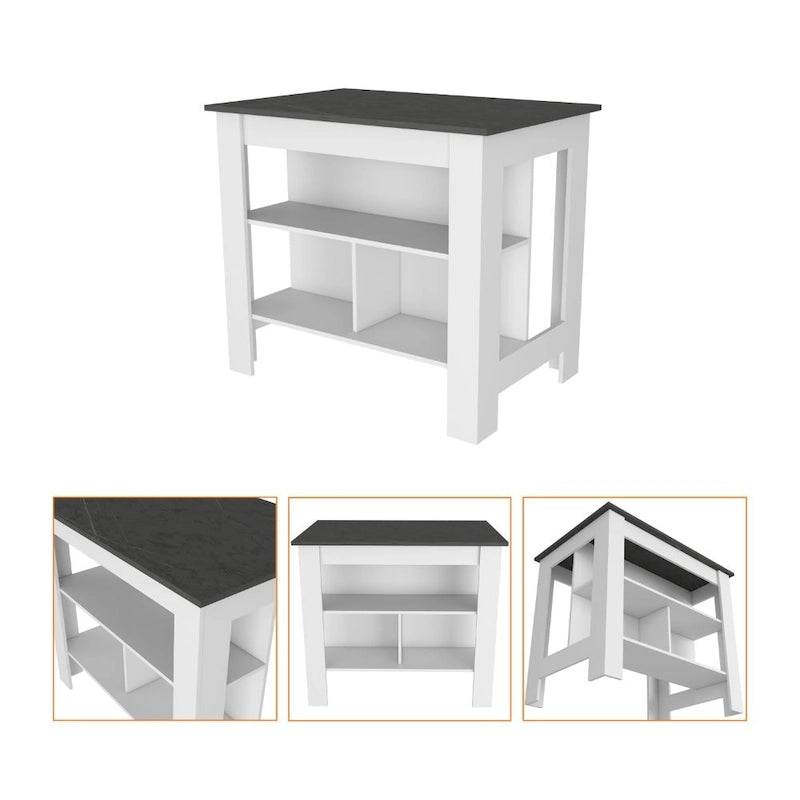 White Kitchen Island with Open Shelves and Walnut Wood Top