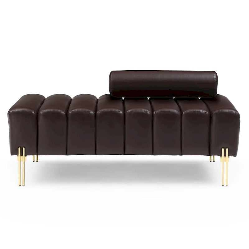 Channel Tufted Upholstered Bench with Adjustable Bolster and Gold Legs