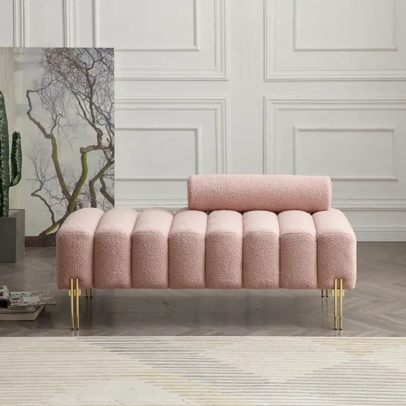 Channel Tufted Upholstered Bench with Adjustable Bolster and Gold Legs
