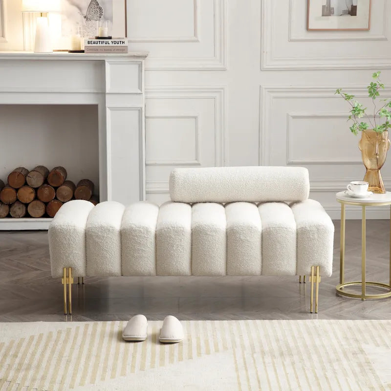Channel Tufted Upholstered Bench with Adjustable Bolster and Gold Legs