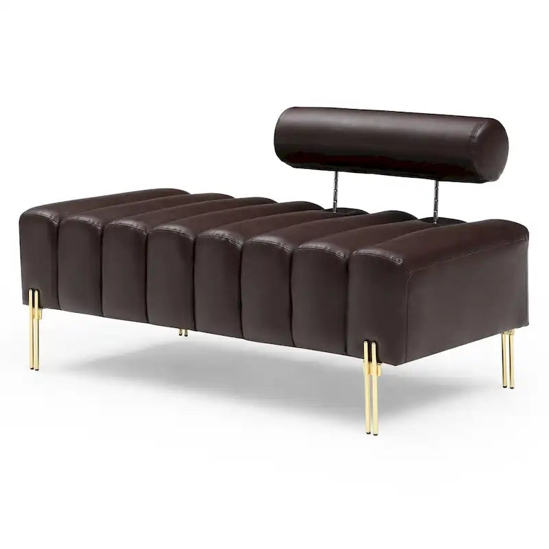 Channel Tufted Upholstered Bench with Adjustable Bolster and Gold Legs