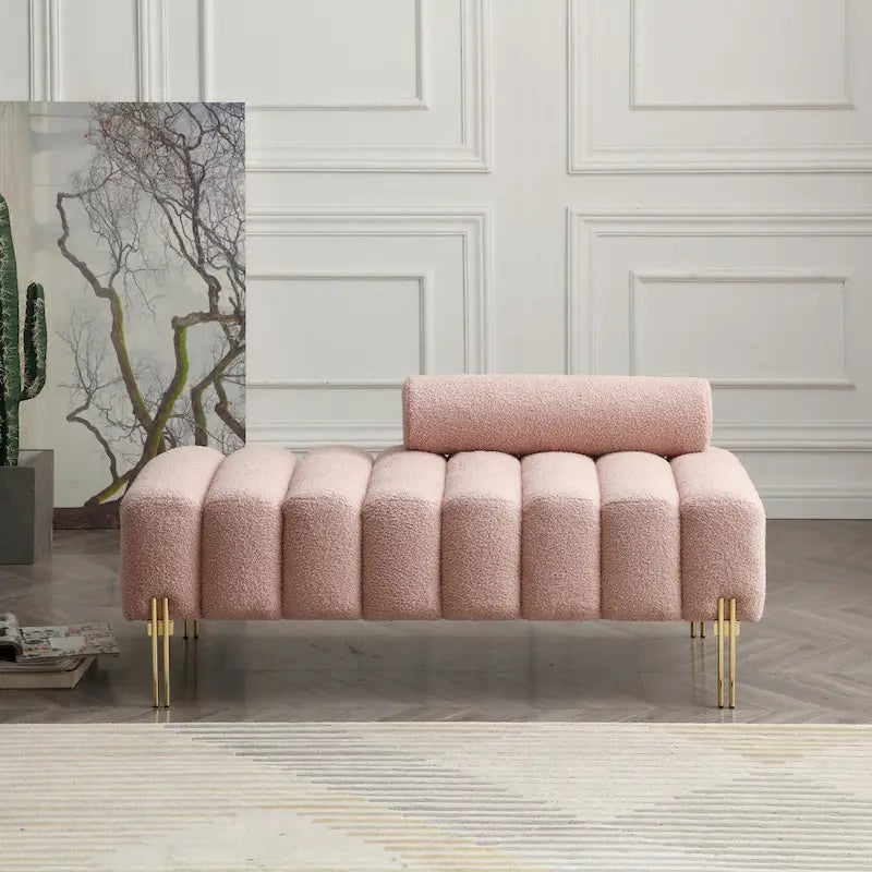 Channel Tufted Upholstered Bench with Adjustable Bolster and Gold Legs