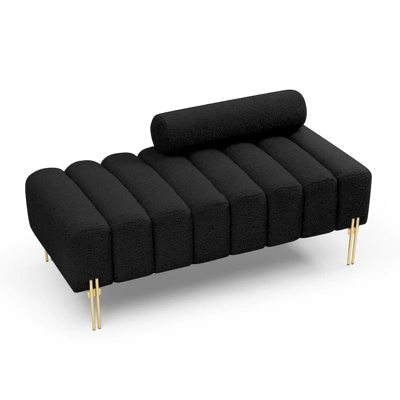 Channel Tufted Upholstered Bench with Adjustable Bolster and Gold Legs