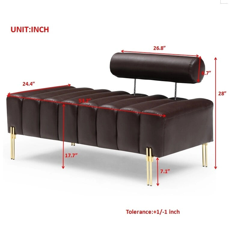 Channel Tufted Upholstered Bench with Adjustable Bolster and Gold Legs