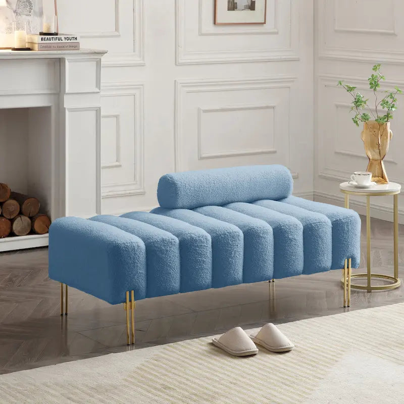 Channel Tufted Upholstered Bench with Adjustable Bolster and Gold Legs