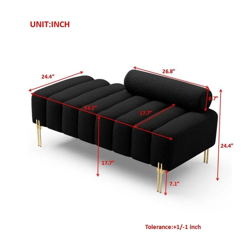 Channel Tufted Upholstered Bench with Adjustable Bolster and Gold Legs