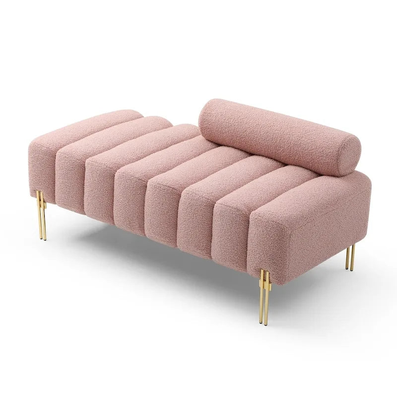 Channel Tufted Upholstered Bench with Adjustable Bolster and Gold Legs