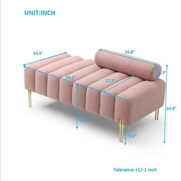 Channel Tufted Upholstered Bench with Adjustable Bolster and Gold Legs