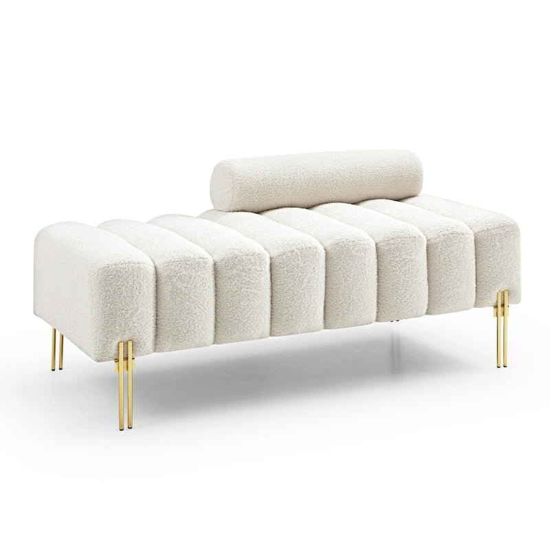 Channel Tufted Upholstered Bench with Adjustable Bolster and Gold Legs
