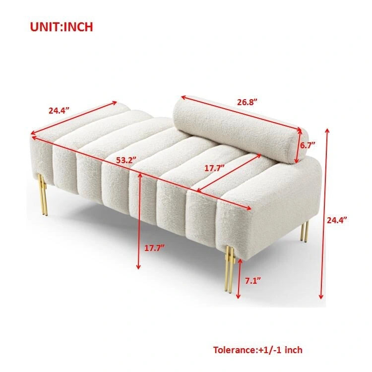 Channel Tufted Upholstered Bench with Adjustable Bolster and Gold Legs
