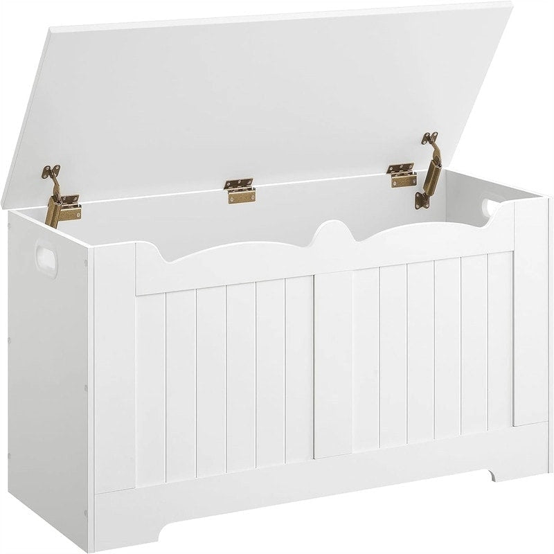 White Storage Bench with Flip-Top Lid and Safety Hinges