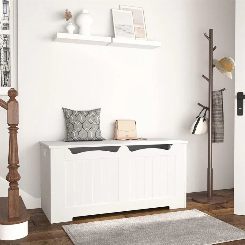 White Storage Bench with Flip-Top Lid and Safety Hinges