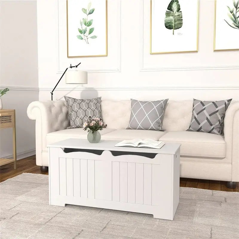 White Storage Bench with Flip-Top Lid and Safety Hinges