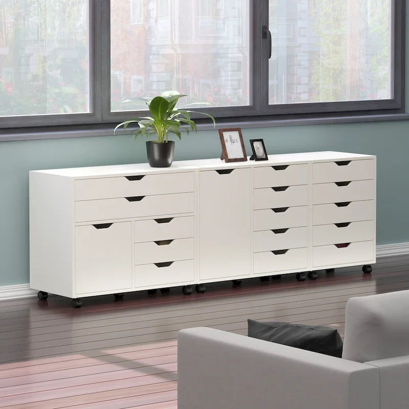 White Rolling Storage Cabinet with Drawers and Door, White