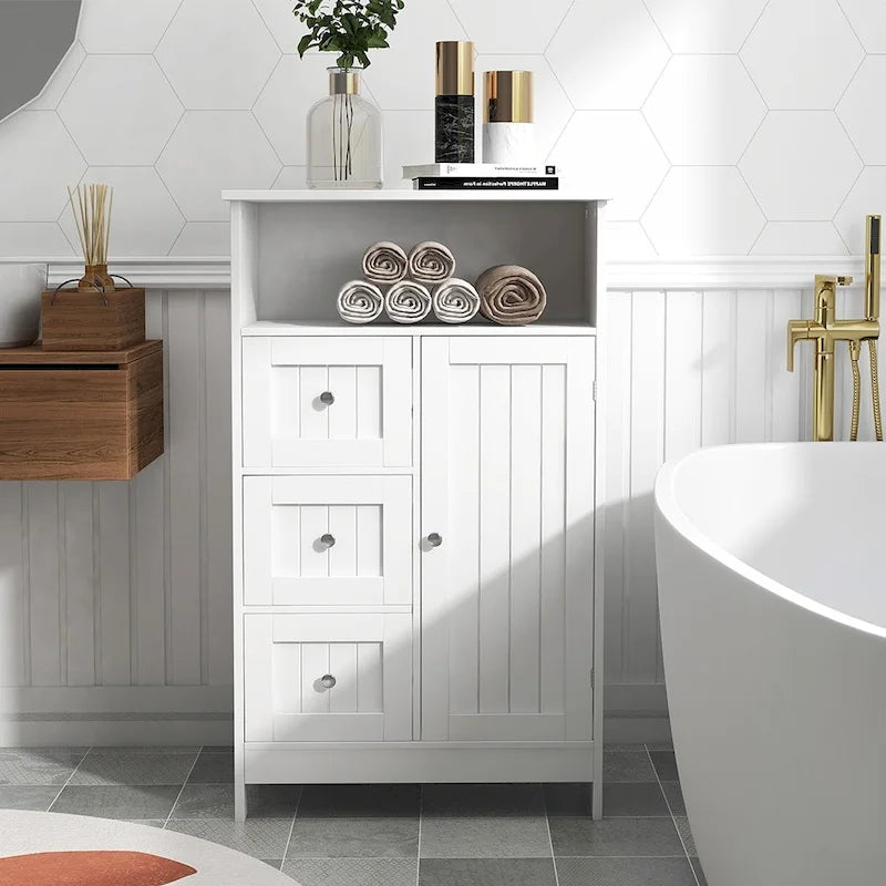 White Bathroom Floor Cabinet with 3 Drawers Open Shelf Painted Finish