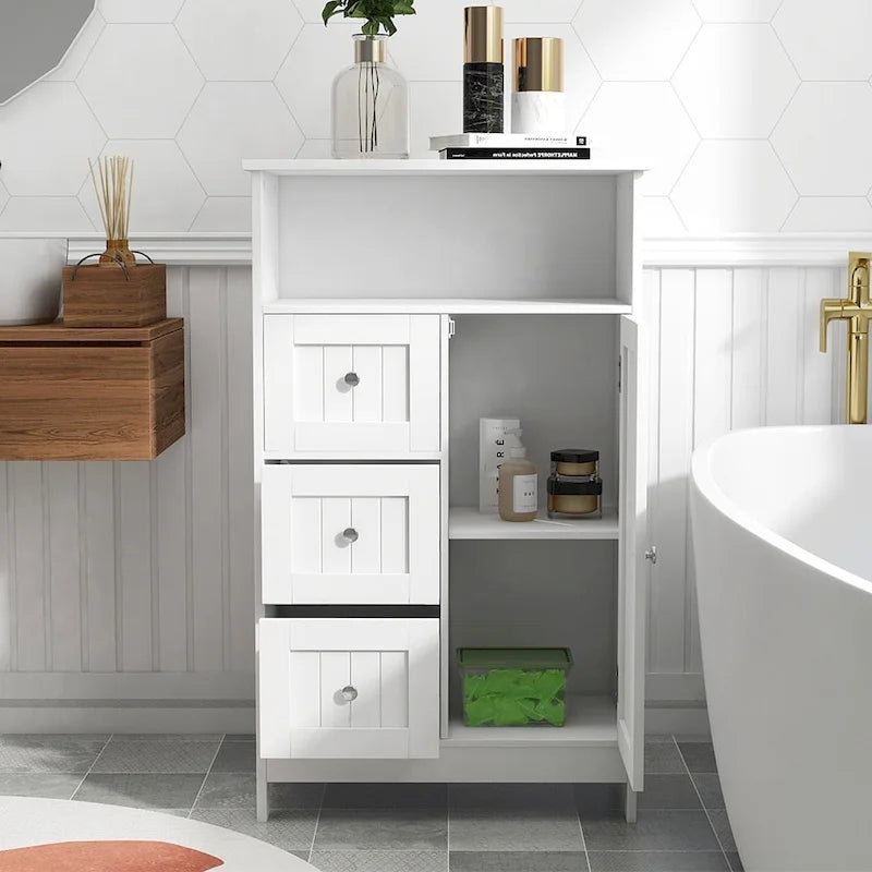 White Bathroom Floor Cabinet with 3 Drawers Open Shelf Painted Finish