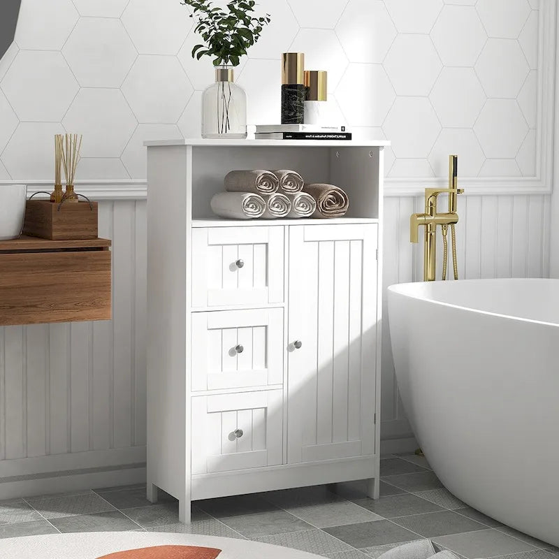 White Bathroom Floor Cabinet with 3 Drawers Open Shelf Painted Finish