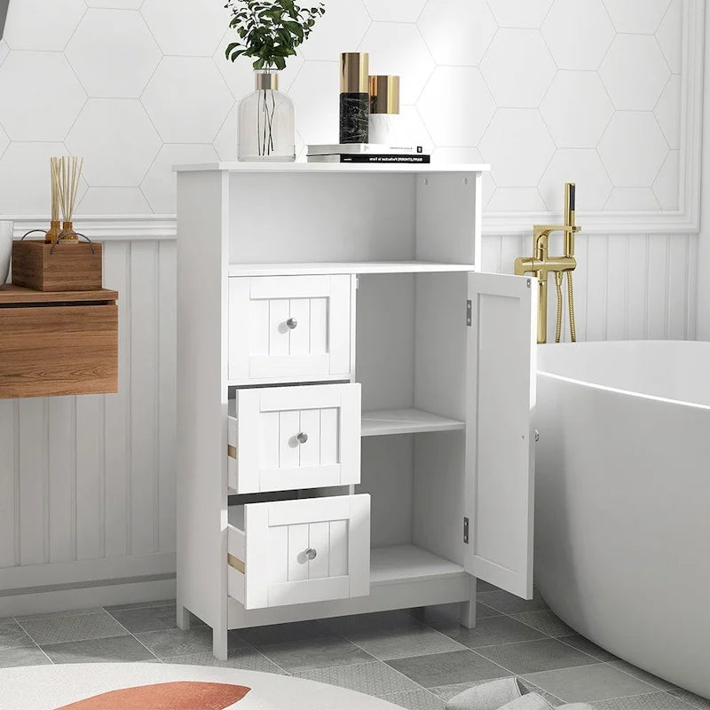 White Bathroom Floor Cabinet with 3 Drawers Open Shelf Painted Finish