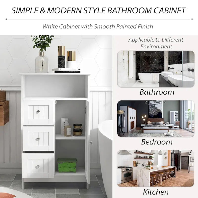 White Bathroom Floor Cabinet with 3 Drawers Open Shelf Painted Finish