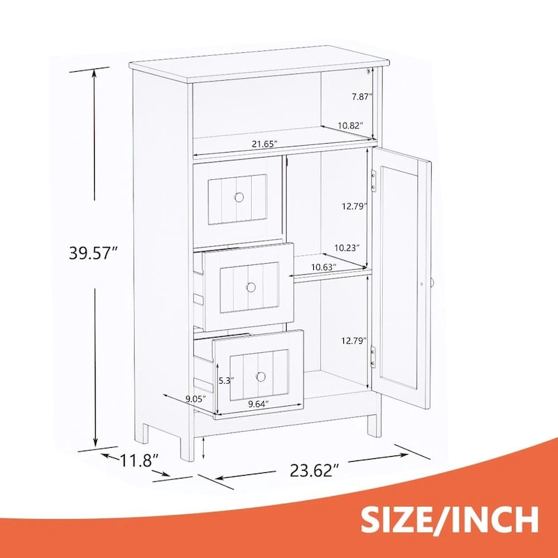 White Bathroom Floor Cabinet with 3 Drawers Open Shelf Painted Finish